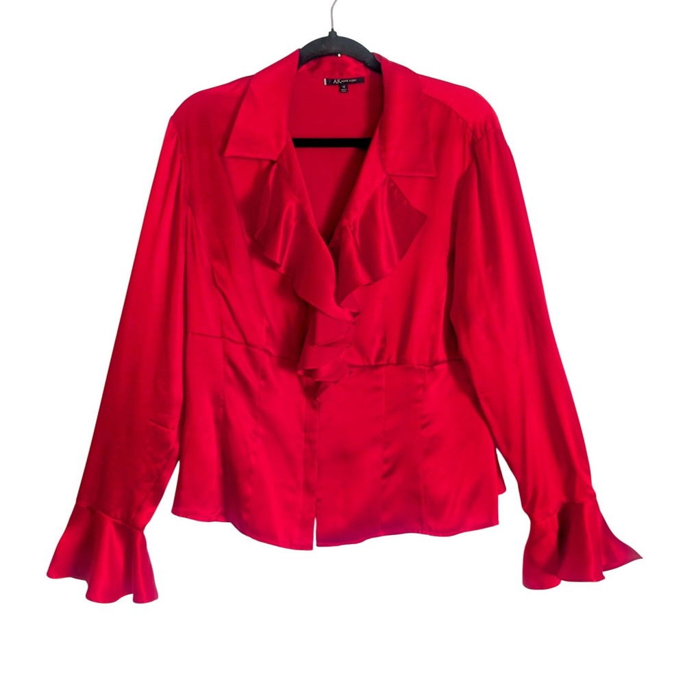 Anne Klein Y2K Whimsigoth Dark Romantic Boho Red Ruffle  Satin 100% Silk Blouse